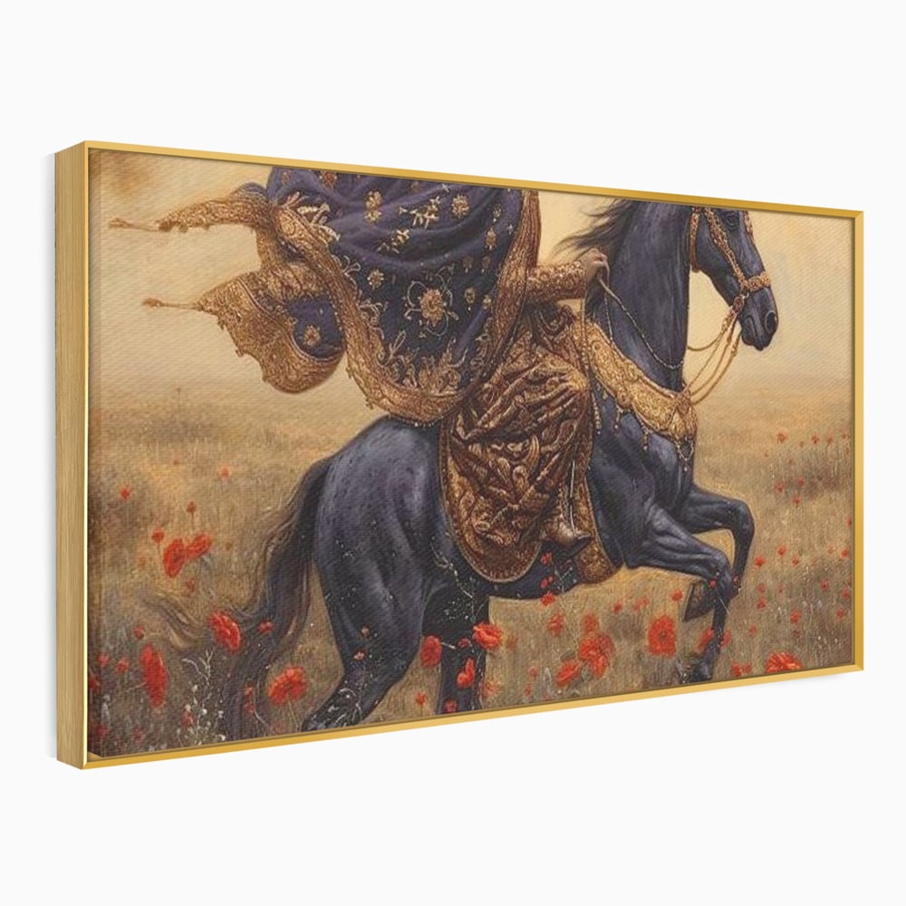Tablou canvas cu printesa pe armasar negru in camp de maci, in rama de aluminiu auriu